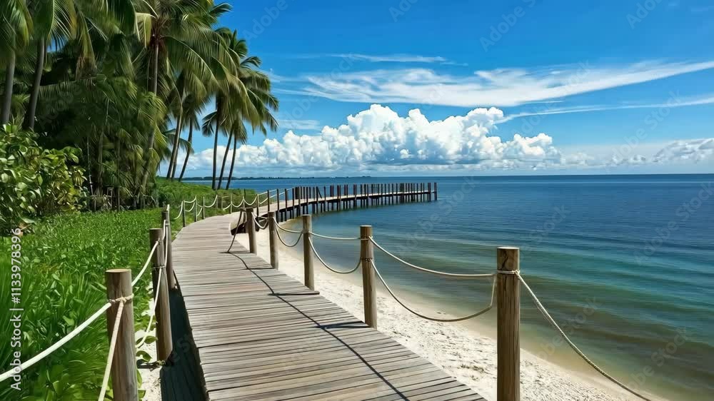 A tranquil wooden boardwalk stretches along a pristine tropical beach, surrounded by lush greenery and calm waters, designed by Generative Ai. A tranquil wooden boardwalk stretches along a pristine tropical beach, surrounded by lush greenery and calm waters, designed by Generative Ai.
