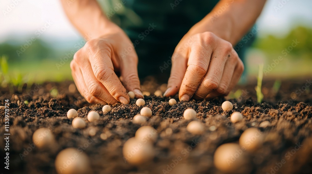 Hands Planting Seed Balls in Rich Soil on a Bright Sunny Day, Showcasing Sustainable Farming Techniques and Connection to Nature Hands Planting Seed Balls in Rich Soil on a Bright Sunny Day, Showcasing Sustainable Farming Techniques and Connection to Nature