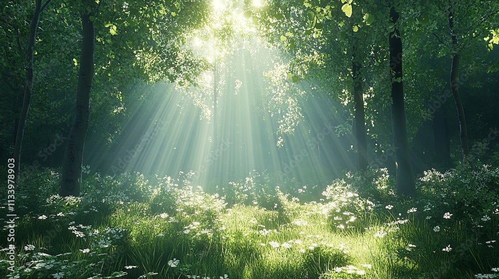 Obraz premium Sunlight streams through the trees in a lush green forest, creating a mystical and serene atmosphere.