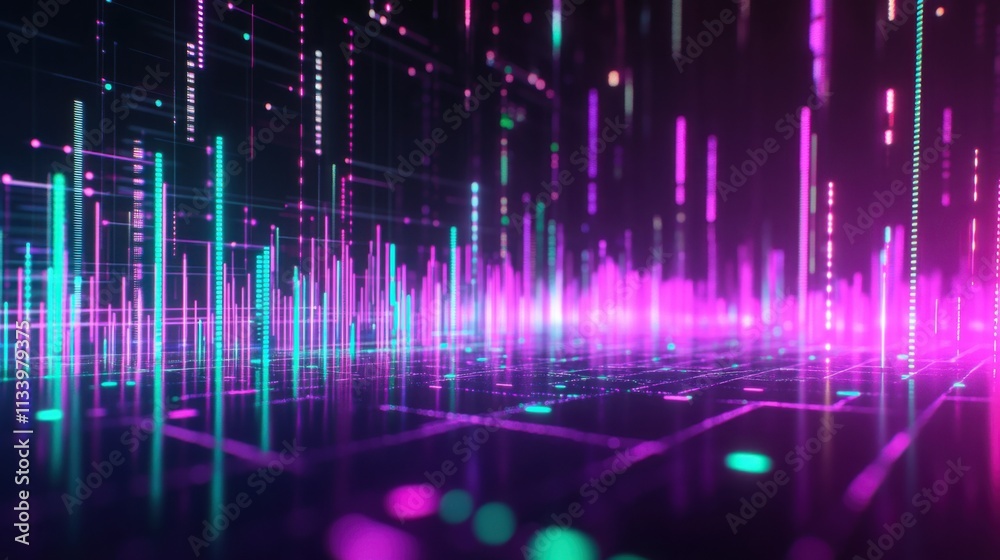A futuristic glowing chart with neon purple candlesticks and bright neon green trend lines. A futuristic glowing chart with neon purple candlesticks and bright neon green trend lines.