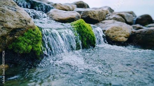 Tranquil Stream Flowing Over Smooth Stones with Vibrant Green Moss Under Soft Natural Light, Capturing the Serenity of Nature and Water Elements.