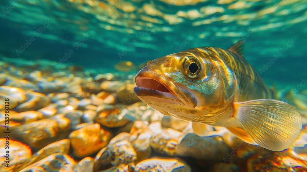Naklejka premium Underwater Close-Up of a Fish Swimming Through Clear Water Over a Bed of Pebbles and Stones, Showcasing the Beauty of Aquatic Life and Natural Habitat