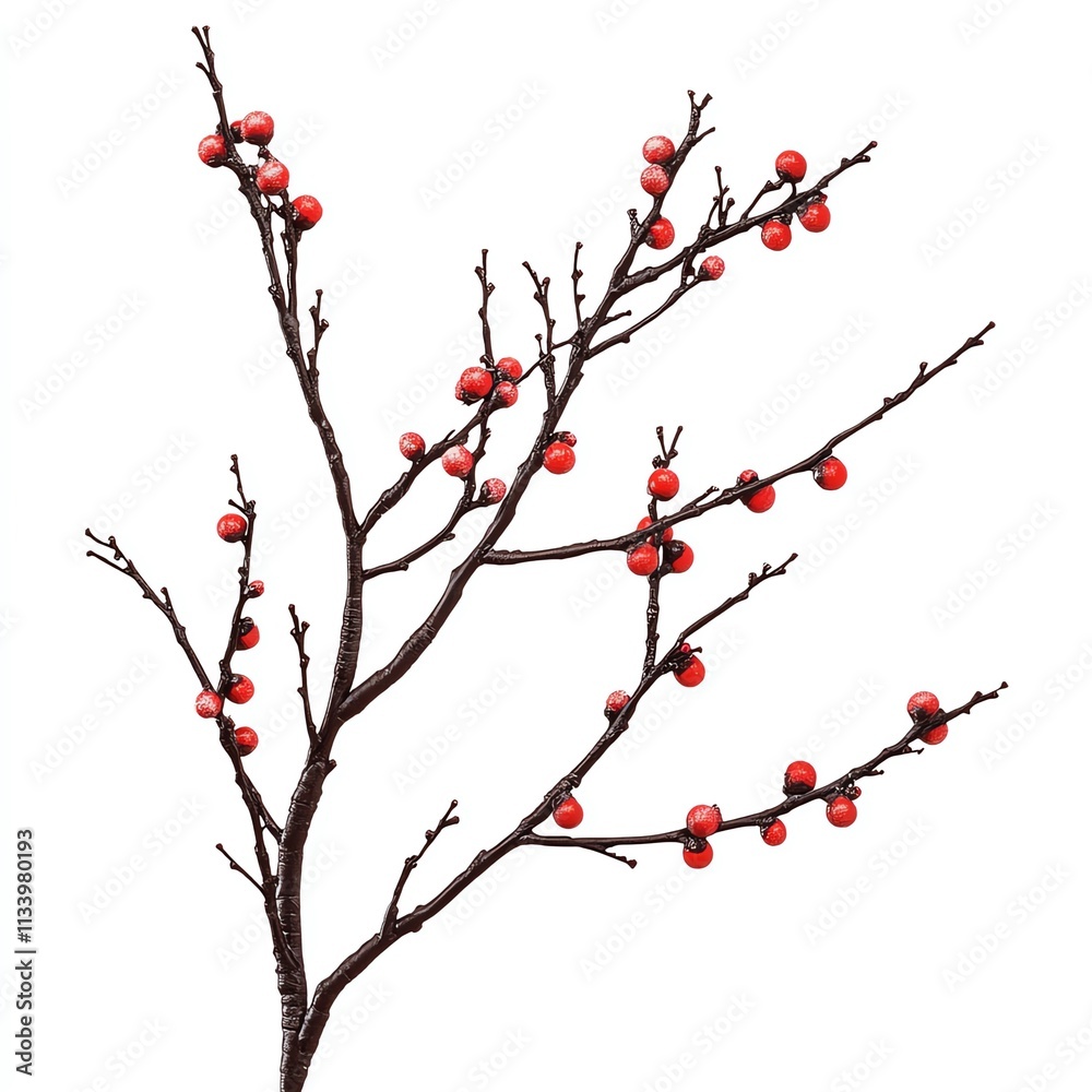 A decorative branch showcasing vibrant red fruits against a stark white background. A decorative branch showcasing vibrant red fruits against a stark white background.