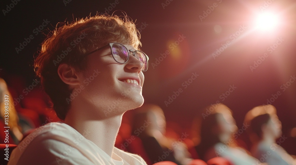 A man wearing glasses is smiling at the camera while sitting in a movie theater A man wearing glasses is smiling at the camera while sitting in a movie theater