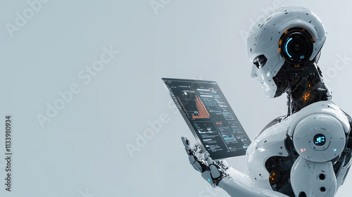 Futuristic AI Robot Medical Manager in Business Casual Attire Reviewing Reports on Tablet in Modern Hospital Office photo