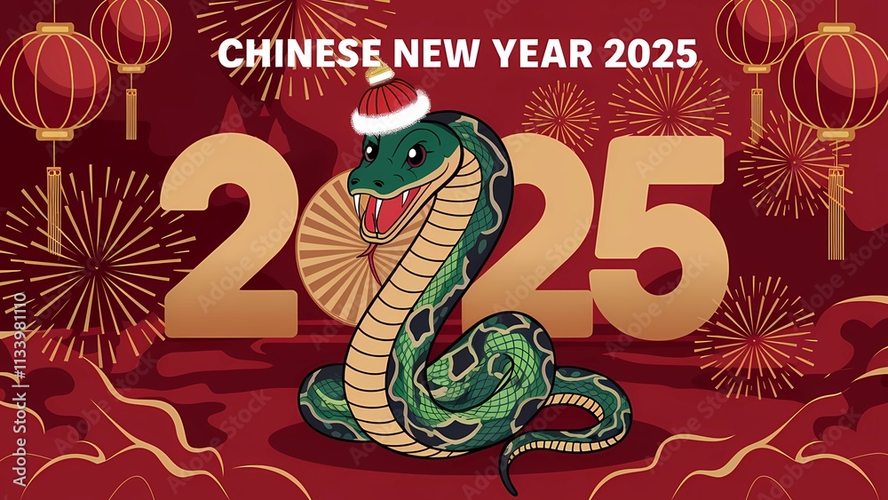 Festive Green Snake with Lanterns and Fireworks for Chinese New Year 2025 Festive Green Snake with Lanterns and Fireworks for Chinese New Year 2025