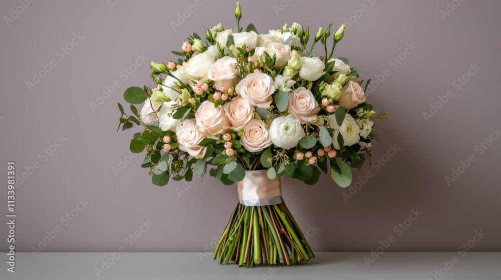 Naklejka premium Elegant Bouquet of Soft Pink and White Roses with Fresh Greenery for Weddings, Events, and Decorative Arrangements in a Neutral Setting