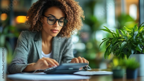 Focused businesswoman using calculator in modern office, surrounded by plants. photo