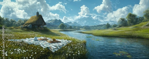 A river flowing through a giant's picnic blanket laid out on a grassland, with a cottage as a salt shaker photo