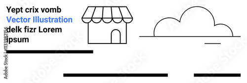 Storefront with awning, cloud, and sample text in black and blue Ideal for web design, branding, marketing, presentations, educational purposes, promotional materials, social media. Landing page