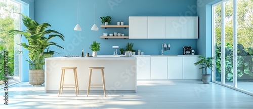 A modern, airy kitchen in soft blue tones, featuring contemporary furniture, decorative plants, and innovative kitchen utensils, perfect for a creative home