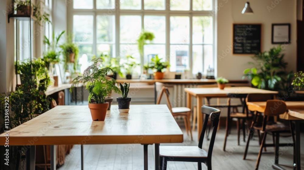 Bright office canteen featuring communal tables, light wood finishes, and decorative plants with a clean, modern aesthetic Bright office canteen featuring communal tables, light wood finishes, and decorative plants with a clean, modern aesthetic