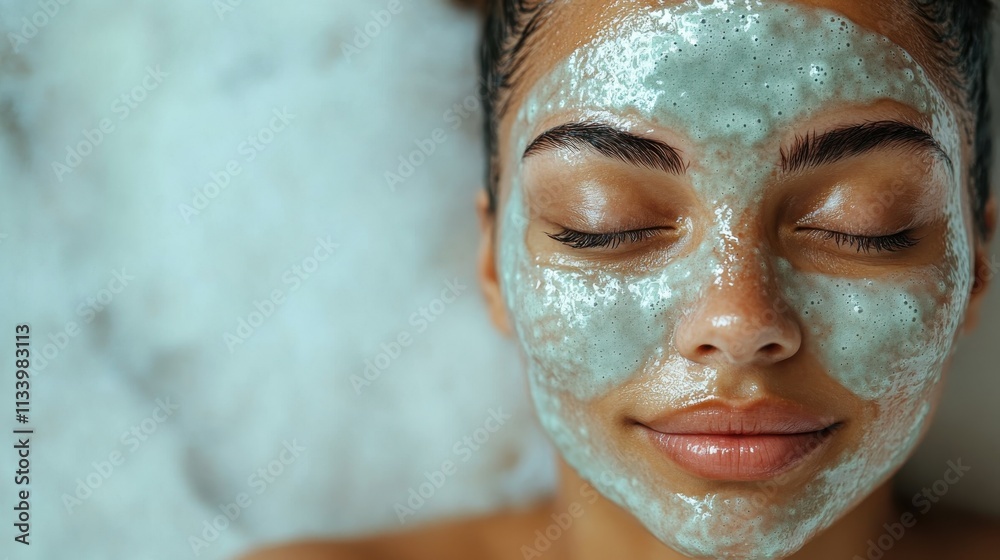 A woman relaxes with a green facial mask, promoting skincare and self-care. A woman relaxes with a green facial mask, promoting skincare and self-care.