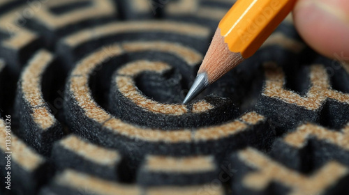 close-up of a hand with a pencil drawing a path in a maze, symbolizing the process of finding a solution through chaos, emphasizing problem-solving and clarity amidst confusion