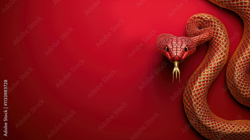 Fototapeta premium A vibrant red background features a detailed snake, showcasing its scales and piercing eyes, creating a striking visual contrast. Chinese New Year, festival, decoration, greeting card, banner, poster
