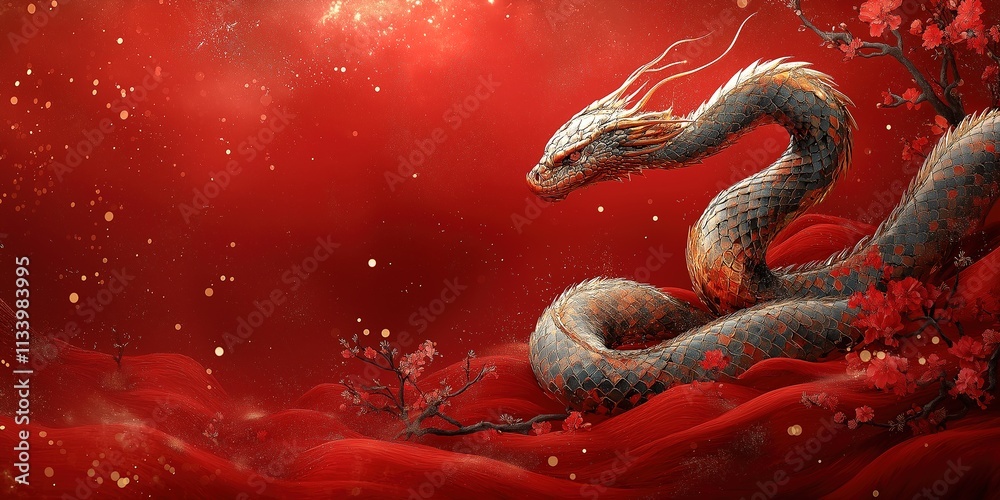 A mystical snake weaves through a vibrant red landscape, embodying power and elegance amidst a backdrop of blossoms. Chinese New Year, festival, decoration, greeting card, banner, poster A mystical snake weaves through a vibrant red landscape, embodying power and elegance amidst a backdrop of blossoms. Chinese New Year, festival, decoration, greeting card, banner, poster