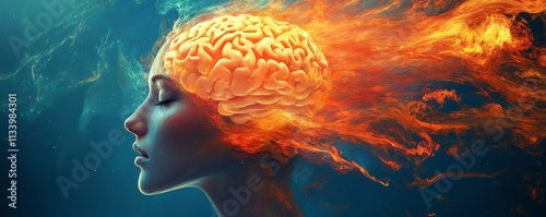 A surreal woman s face with her brain exploding into swirling, vibrant hues of paint, symbolizing imagination on a deep, cosmic blue background photo