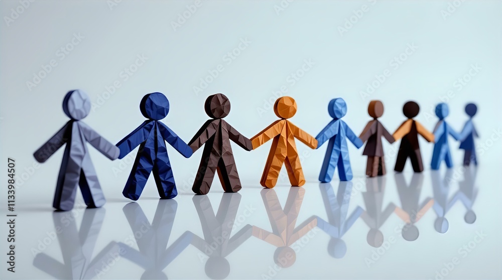 Diverse Polygonal Paper People Holding Hands in a Line, Reflecting Unity and Collaboration Diverse Polygonal Paper People Holding Hands in a Line, Reflecting Unity and Collaboration
