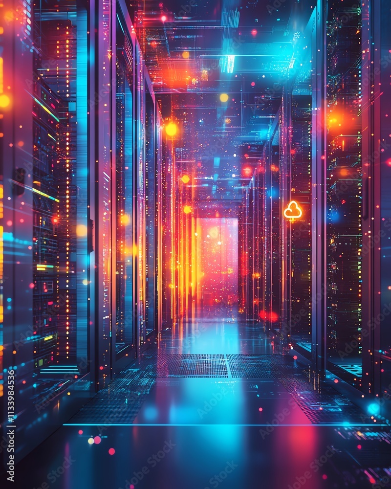 A vibrant data center illustration featuring advanced servers, abstract cloud technology patterns, and a colorful design representing information storage A vibrant data center illustration featuring advanced servers, abstract cloud technology patterns, and a colorful design representing information storage