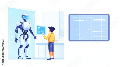 2D illustration of A cyborg guiding a student with holographic career options in a minimalist office. 