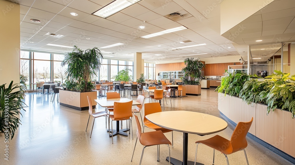 Well-lit corporate dining area with light decor, modern seating, and a cheerful atmosphere enhanced by plants and natural light Well-lit corporate dining area with light decor, modern seating, and a cheerful atmosphere enhanced by plants and natural light