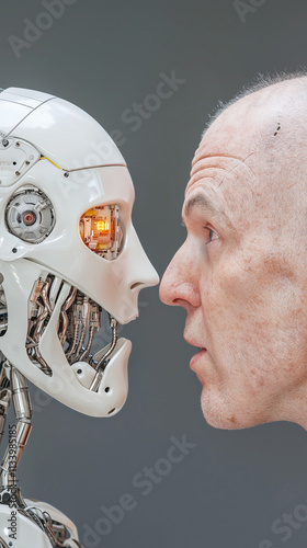 Humanoid Robot and Dehumanized Human Staring Face to Face on Gray Background, Symbolizing Technology and Humanity Contrast photo