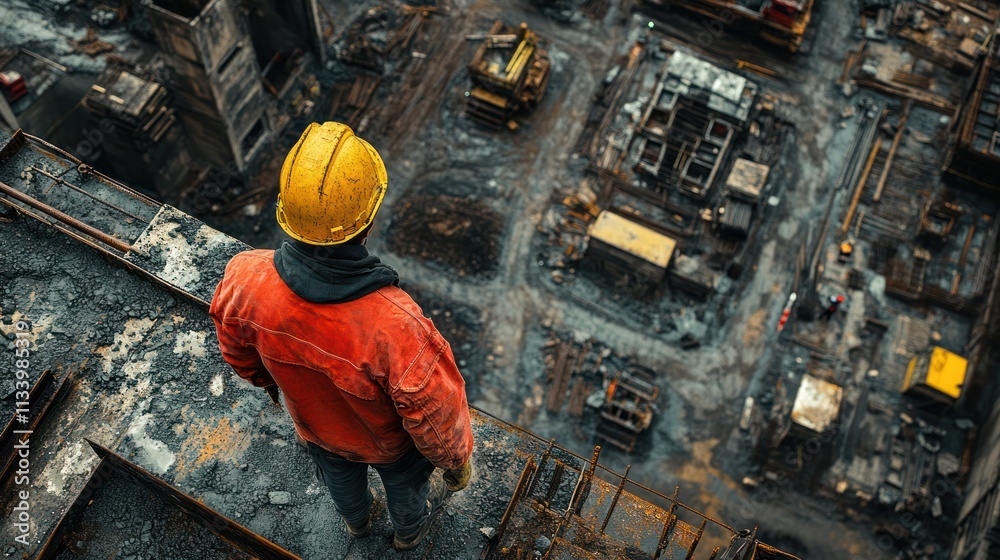 Construction Worker Contemplating from High Above Construction Worker Contemplating from High Above