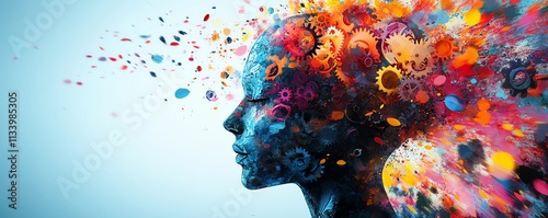 An abstract human head silhouette with dynamic gears and colorful paint splashes, evoking the creativity and innovative power of the mind and technology photo