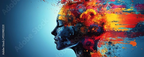 An abstract human head silhouette with dynamic gears and colorful paint splashes, evoking the creativity and innovative power of the mind and technology photo