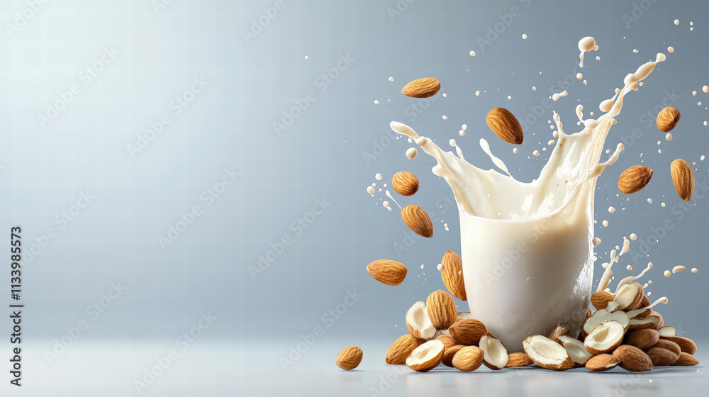 Almonds splashing in cup of milk with creative and dynamic composition Almonds splashing in cup of milk with creative and dynamic composition