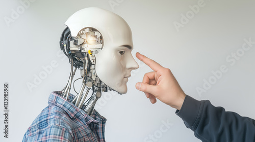 Robot pointing at human face, minimalistic white background, concept of artificial intelligence and human interaction photo