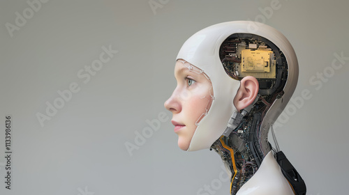 Woman with robotic half-face, fusion of artificial intelligence and human identity, futuristic tech design. photo