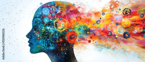 An imaginative abstract art piece featuring a human head silhouette, with dynamic gears and colorful paint splashes representing ideas, creativity, and technological innovation photo