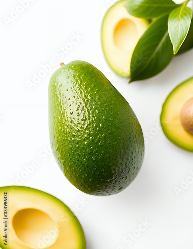 there is a green avocado and two halves of it. photo