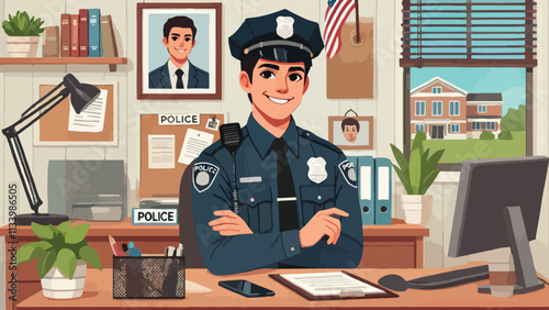 a male cop smiles and poses in his office