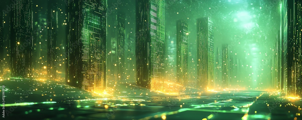 A colorful, futuristic concept of data servers in a digital landscape, with vibrant green and gold tones and abstract tech patterns representing advanced technology A colorful, futuristic concept of data servers in a digital landscape, with vibrant green and gold tones and abstract tech patterns representing advanced technology