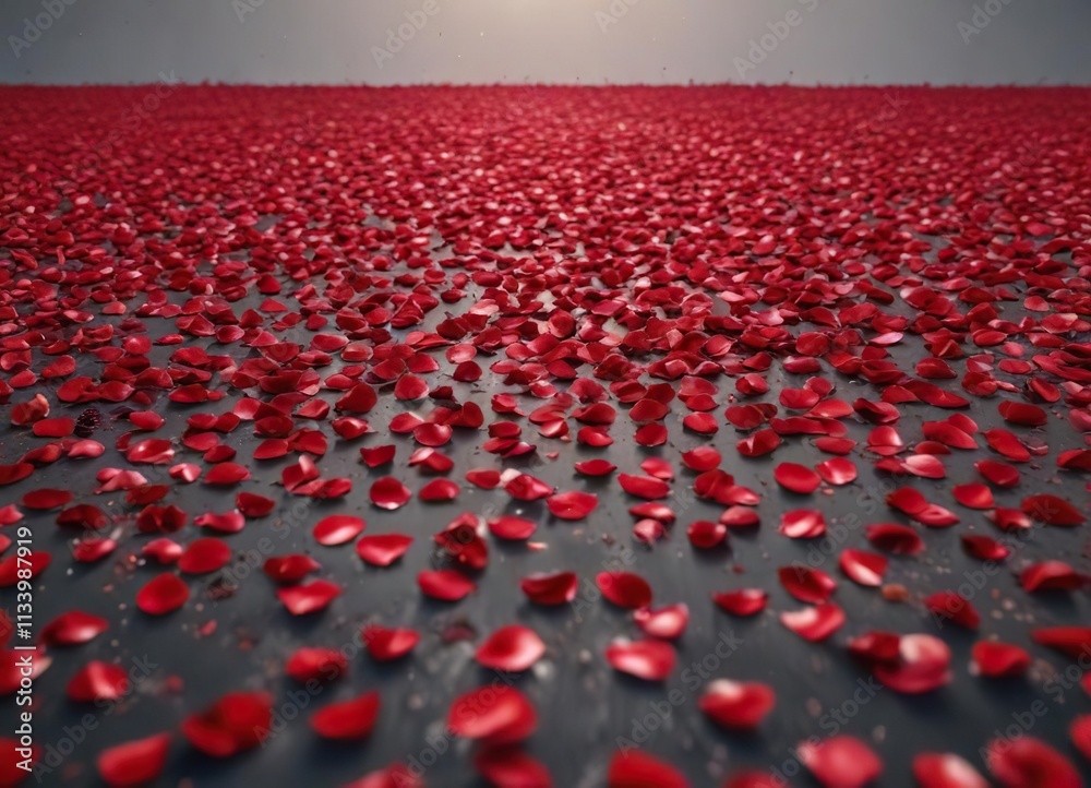 Fototapeta premium a sea of bloody red rose petals stretching out to infinity across a vast, empty space, infinite, red, empty