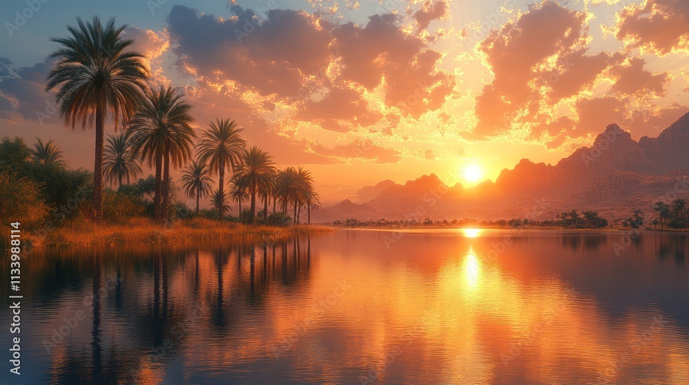 Sunset Oasis: Serene Palms Reflecting on Calm Waters Sunset Oasis: Serene Palms Reflecting on Calm Waters