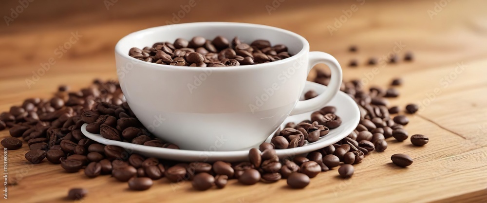 Coffee beans scattered around a white cup on a wooden board in natural morning light , morning sunlight, natural lighting Coffee beans scattered around a white cup on a wooden board in natural morning light , morning sunlight, natural lighting