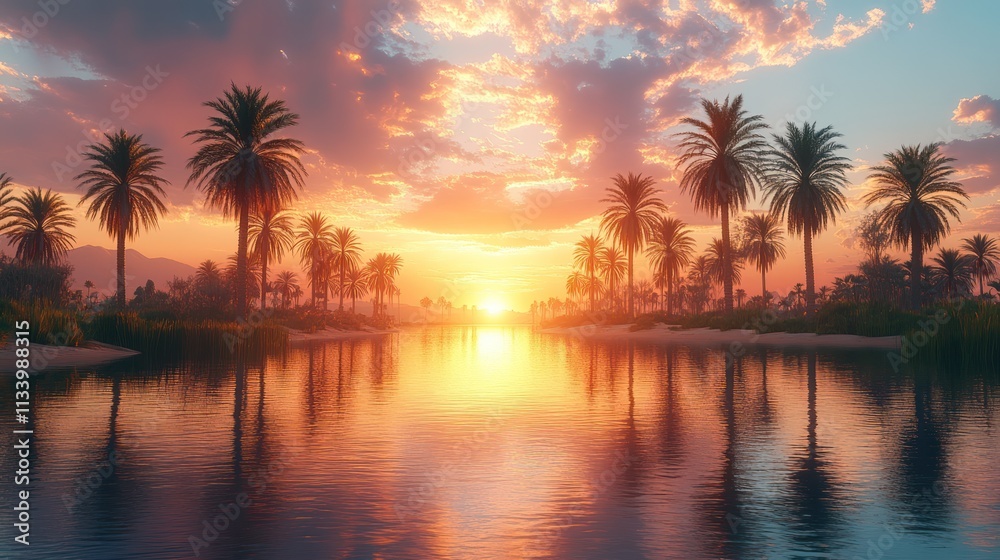 Sunset Paradise: Palm Trees Reflecting on Tranquil Waters Sunset Paradise: Palm Trees Reflecting on Tranquil Waters
