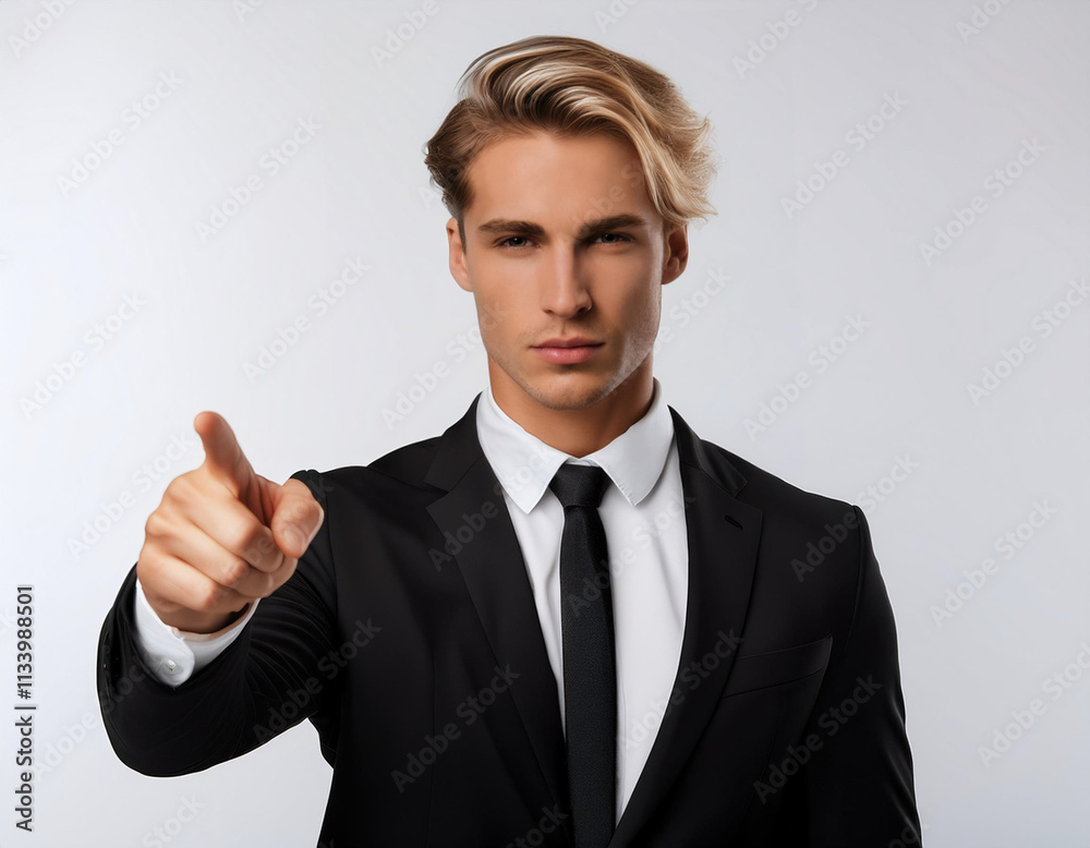 Young Blonde Businessman in Slim-Fit Black Suit with Strong Gesture Young Blonde Businessman in Slim-Fit Black Suit with Strong Gesture