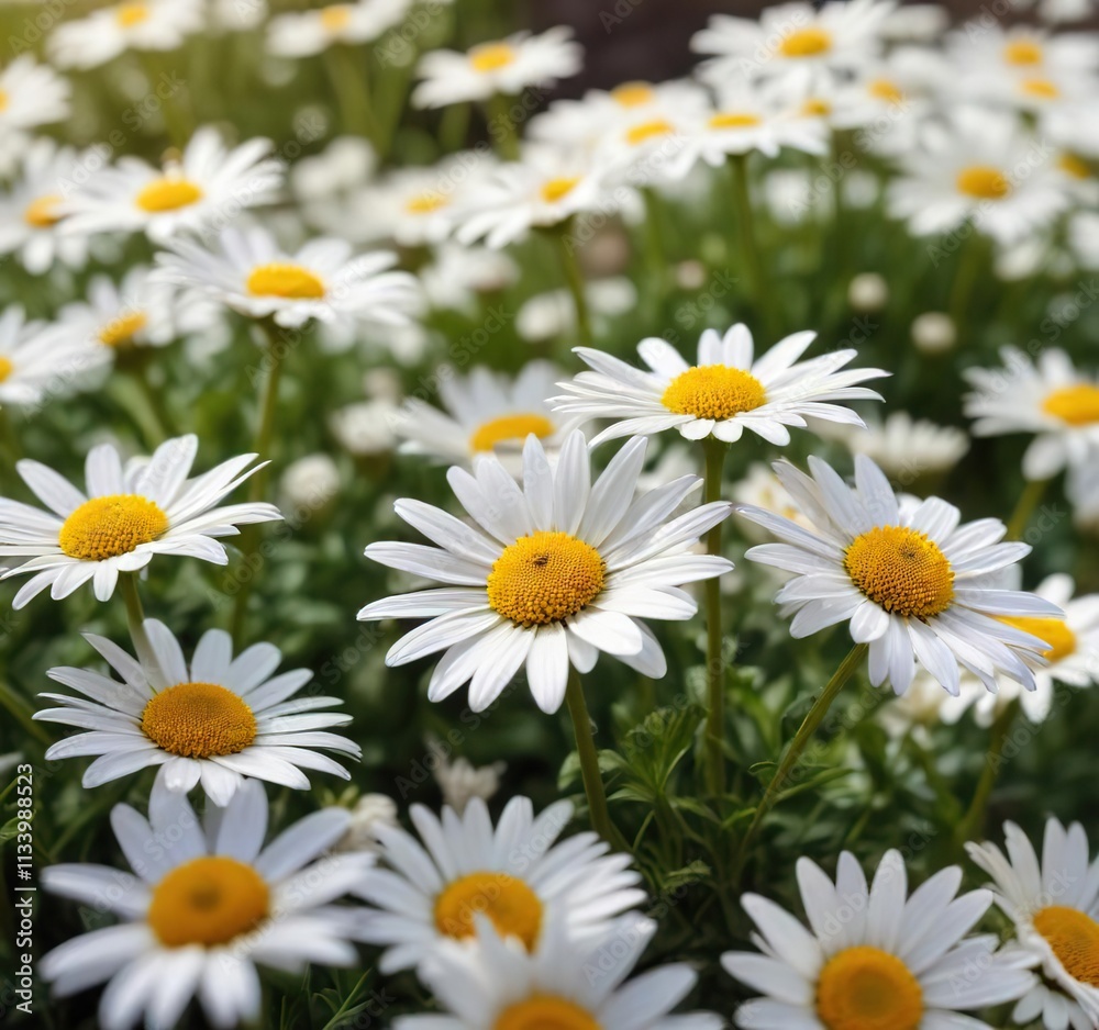 Solo daisy amidst pristine white blooms soaking up warm sunlight, bright colors, white as snow Solo daisy amidst pristine white blooms soaking up warm sunlight, bright colors, white as snow