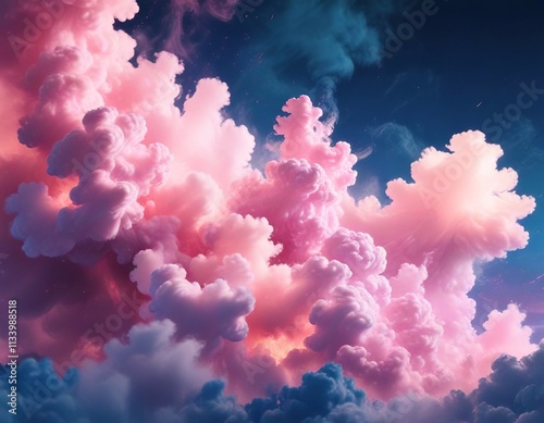 Soft pink smoke wafts across the blue heavens , misty, soft