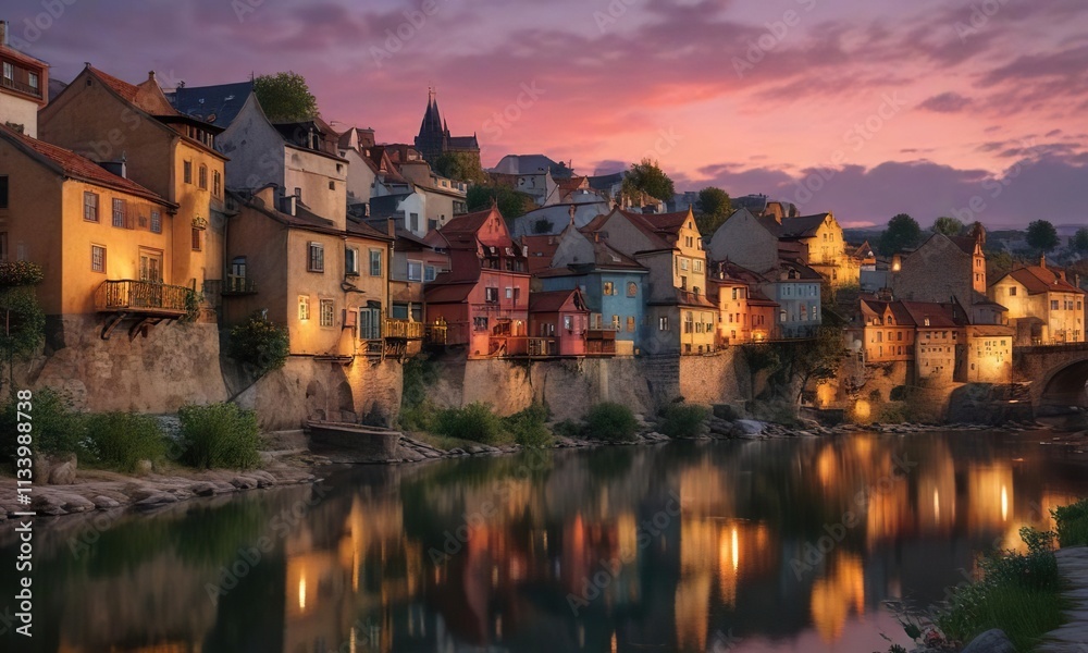 Obraz premium Casas con techo pendiente y tejado de pizarra al atardecer por el r?o Moldava en Praga , paisaje, praga moldava
