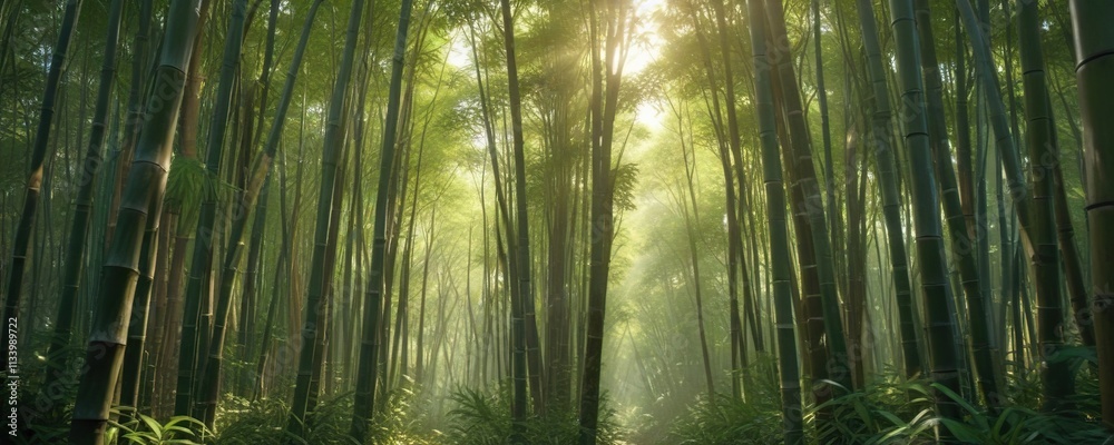 Fototapeta premium Bamboo forest with sunlight filtering through dense foliage, natural, tranquility, filter