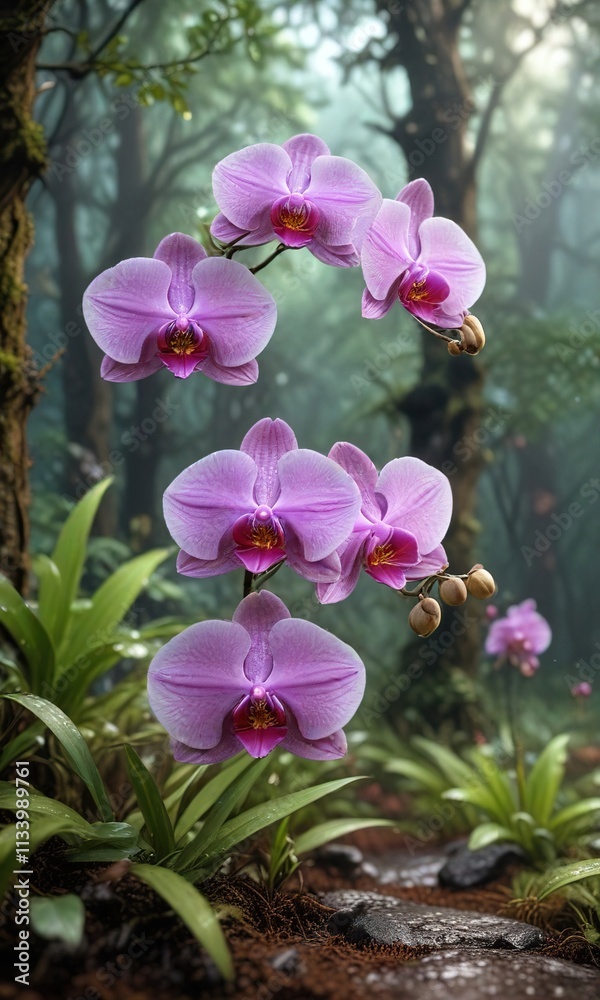 Blooming Orchids in a Dewy Forest Environment , bloom, dew, greenery