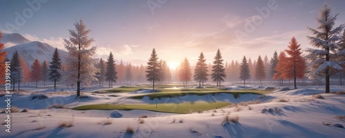 Snowflakes fall gently onto a serene winter golf course, peaceful atmosphere, gentle snowfall