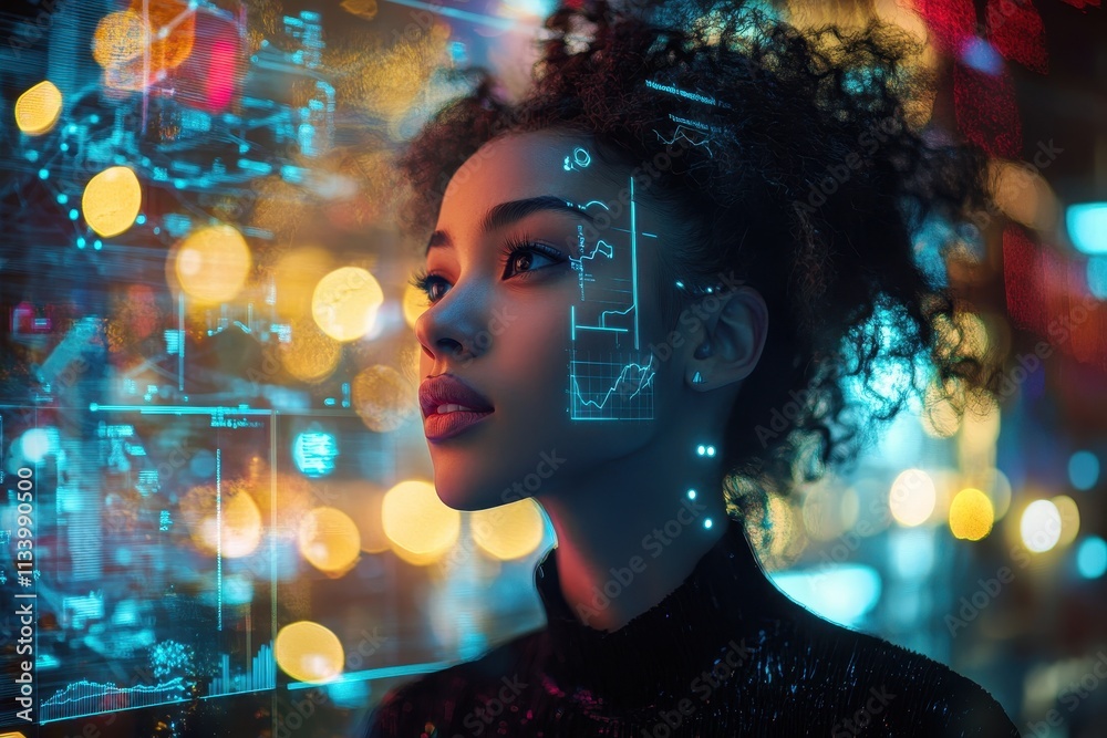 Model in Formal Attire Surrounded by Glowing Virtual Elements in a Futuristic Setting Model in Formal Attire Surrounded by Glowing Virtual Elements in a Futuristic Setting