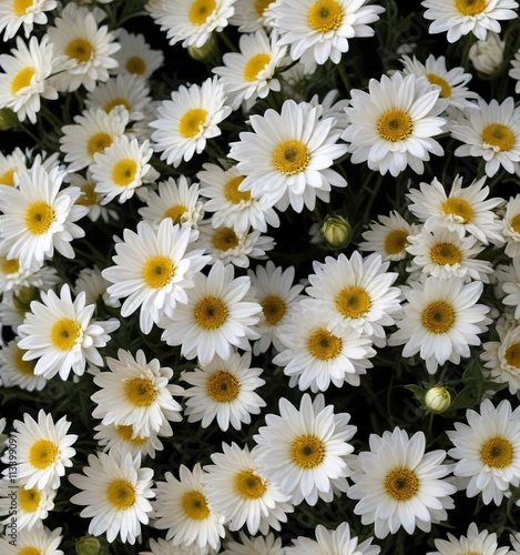 Loose arrangement of small white chrysanthemum blossoms with tightly closed buds against a dark black background, black, loose