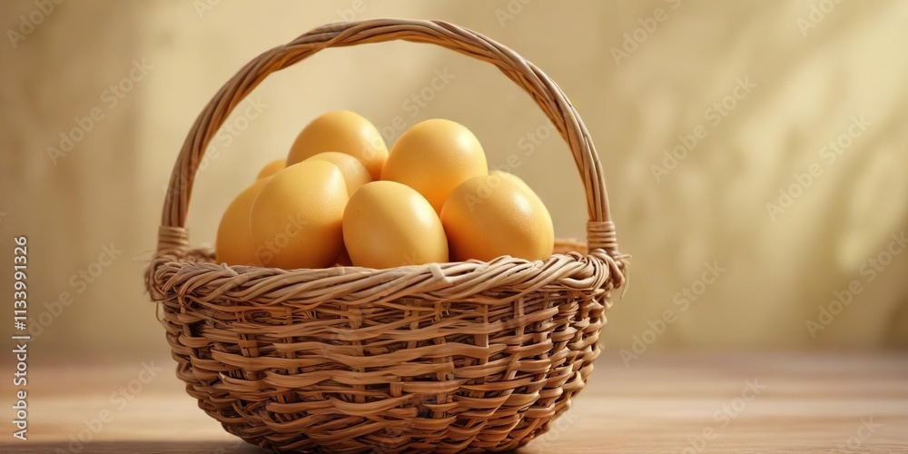 A woven, wicker basket containing a small, pale yellow egg, evoking feelings of sunshine and optimism for savings , organization, natural fibers, warmth A woven, wicker basket containing a small, pale yellow egg, evoking feelings of sunshine and optimism for savings , organization, natural fibers, warmth